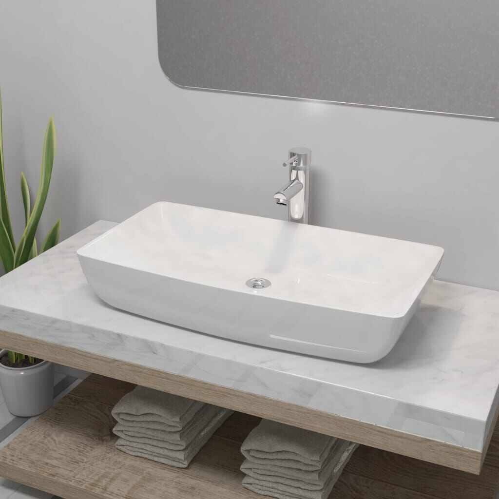 vidaXL Chiuvetă de baie cu robinet mixer, ceramică, dreptunghiular alb