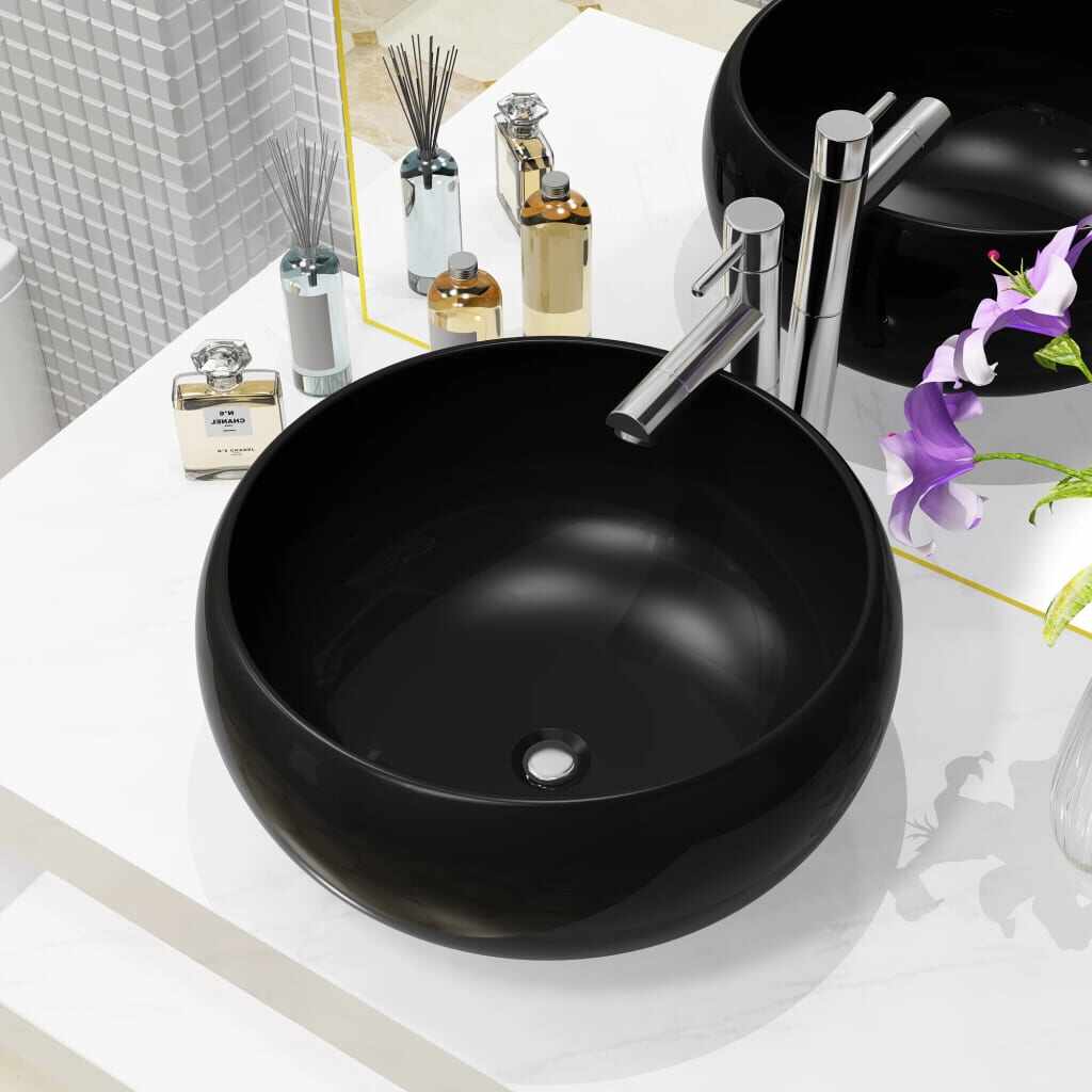 vidaXL Chiuvetă de baie rotundă, negru, 40 x 15 cm, ceramică
