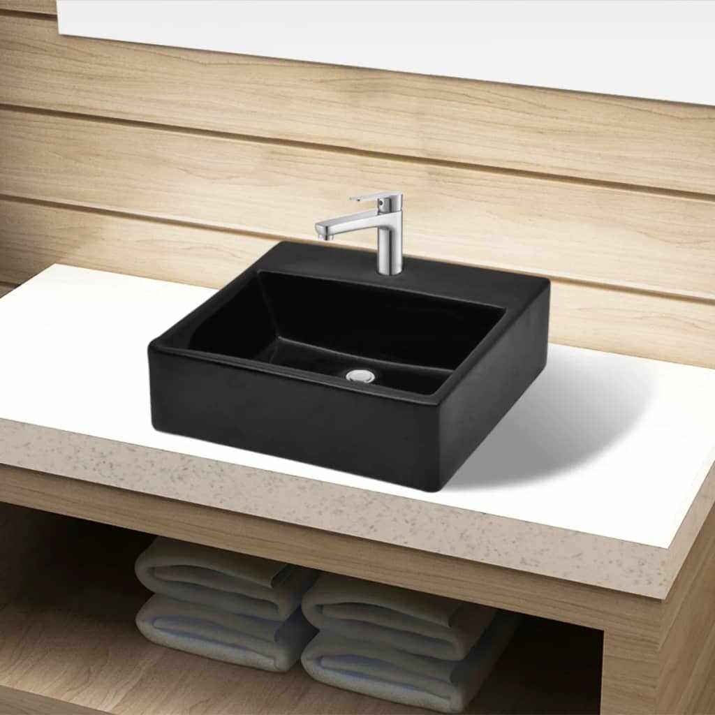 Chiuvetă de baie pătrată din ceramică cu gaură pentru robinet, negru 
