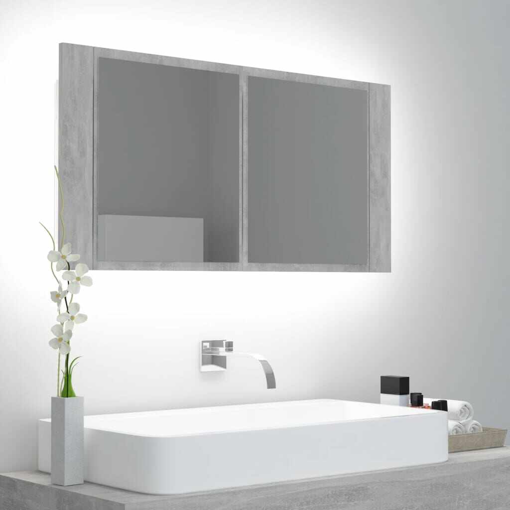 vidaXL Dulap de baie cu oglindă și LED, gri beton, 90x12x45 cm