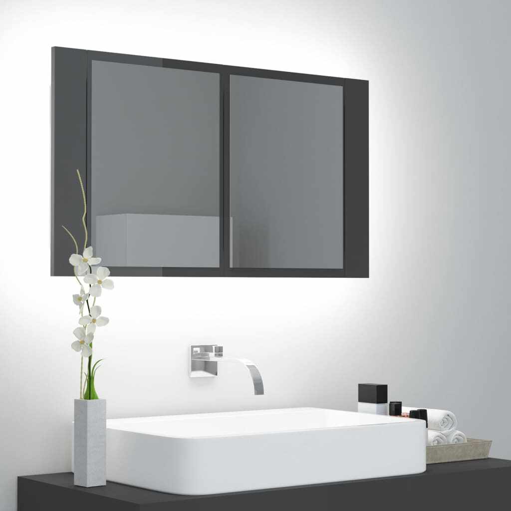vidaXL Dulap de baie cu oglindă și LED, gri extralucios, 80x12x45 cm