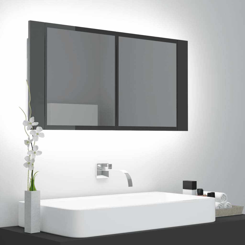vidaXL Dulap de baie cu oglindă și LED, gri extralucios, 90x12x45 cm
