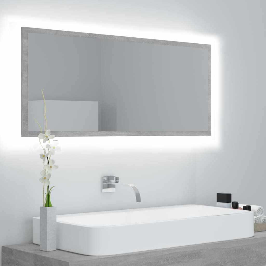 vidaXL Oglindă de baie cu LED, gri beton, 100x8,5x37cm, lemn prelucrat