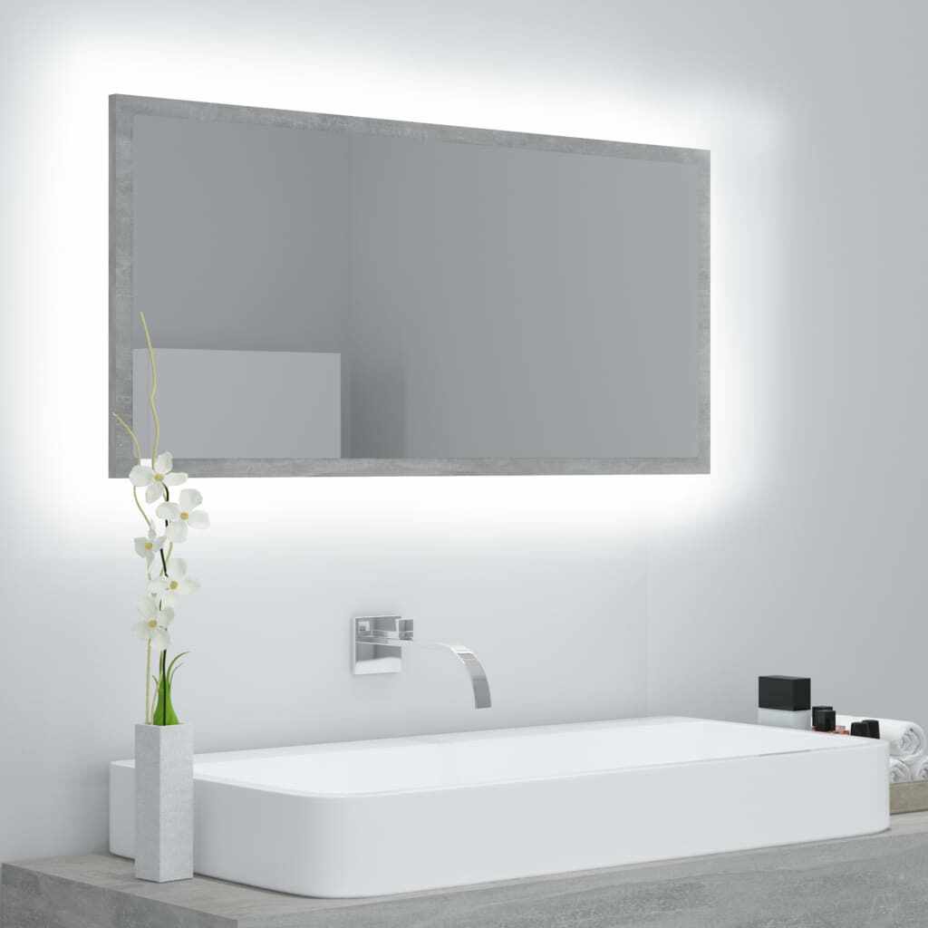 vidaXL Oglindă de baie cu LED, gri beton, 90x8,5x37 cm, lemn prelucrat