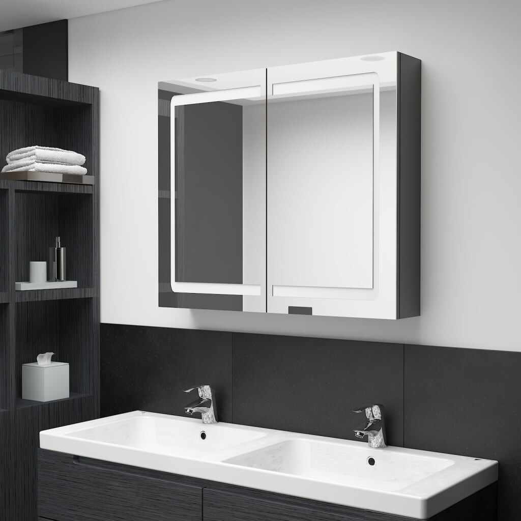 vidaXL Dulap de baie cu oglindă și LED, gri strălucitor, 80x12x68 cm