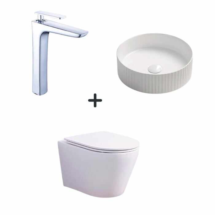 Set vas wc rimless cu capac soft close, lavoar baie rotund alb, ventil inclus si baterie chiuveta Foglia
