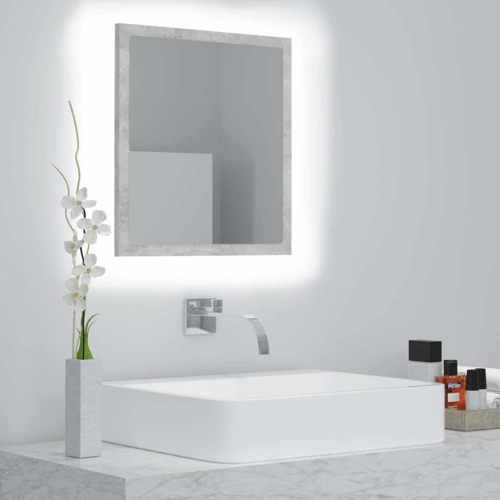 vidaXL Oglindă de baie cu LED, gri beton, 40x8,5x37 cm, acril