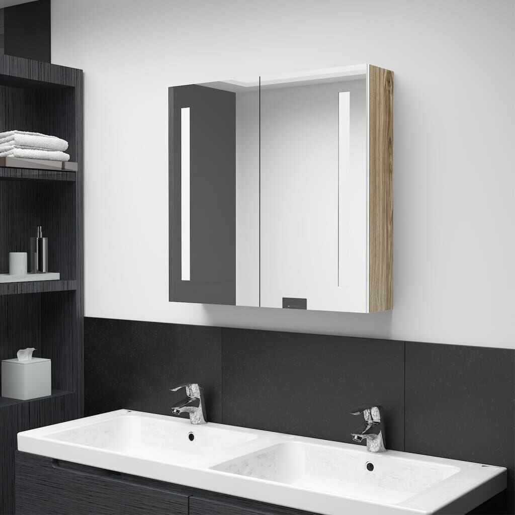 vidaXL Dulap de baie cu oglindă și LED, alb și stejar, 62x14x60 cm